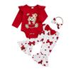 Baby Girl Valentine's Day Outfits Heart Bear Embroidery Long Sleeve Romper Flare Pants Headband 3Pcs Clothes Set