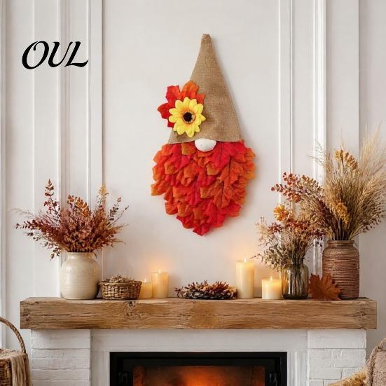 Housewarming Gift for Fall Autumn Gnome Maple Leaf Wreath with LED Lights, Rustic Pointed Hat Thanksgiving Decorative Door Hanging, Farmhouse Harvest