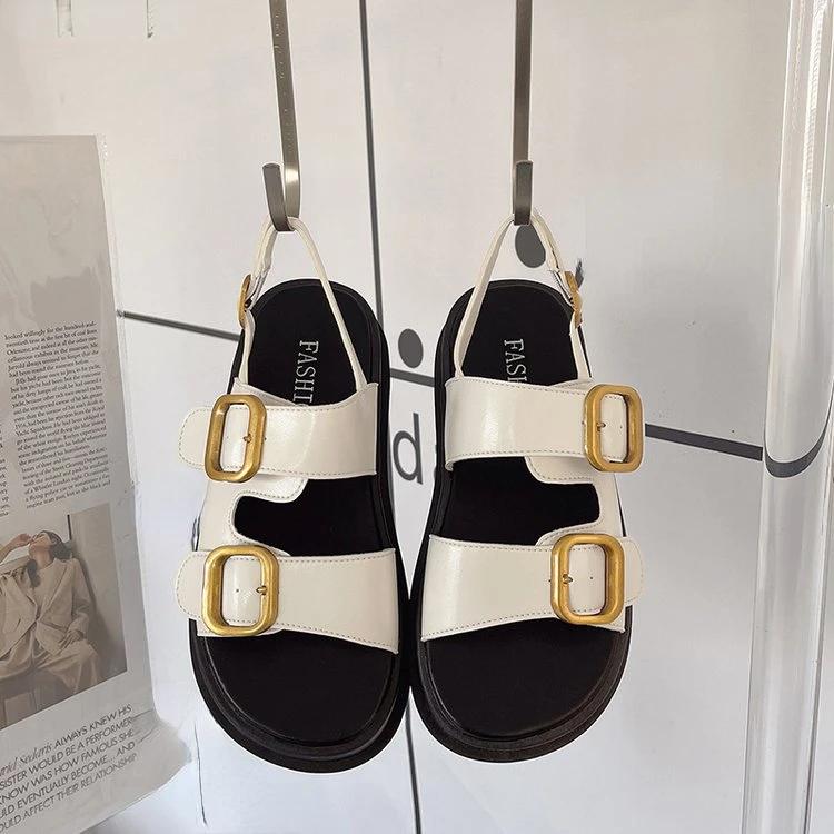 Сандалии женские с пряжкой на платформе туфли с открытой пяткой металлические пряжки толстая подошва женские плоские сандалии с одной пряжкой на платформе