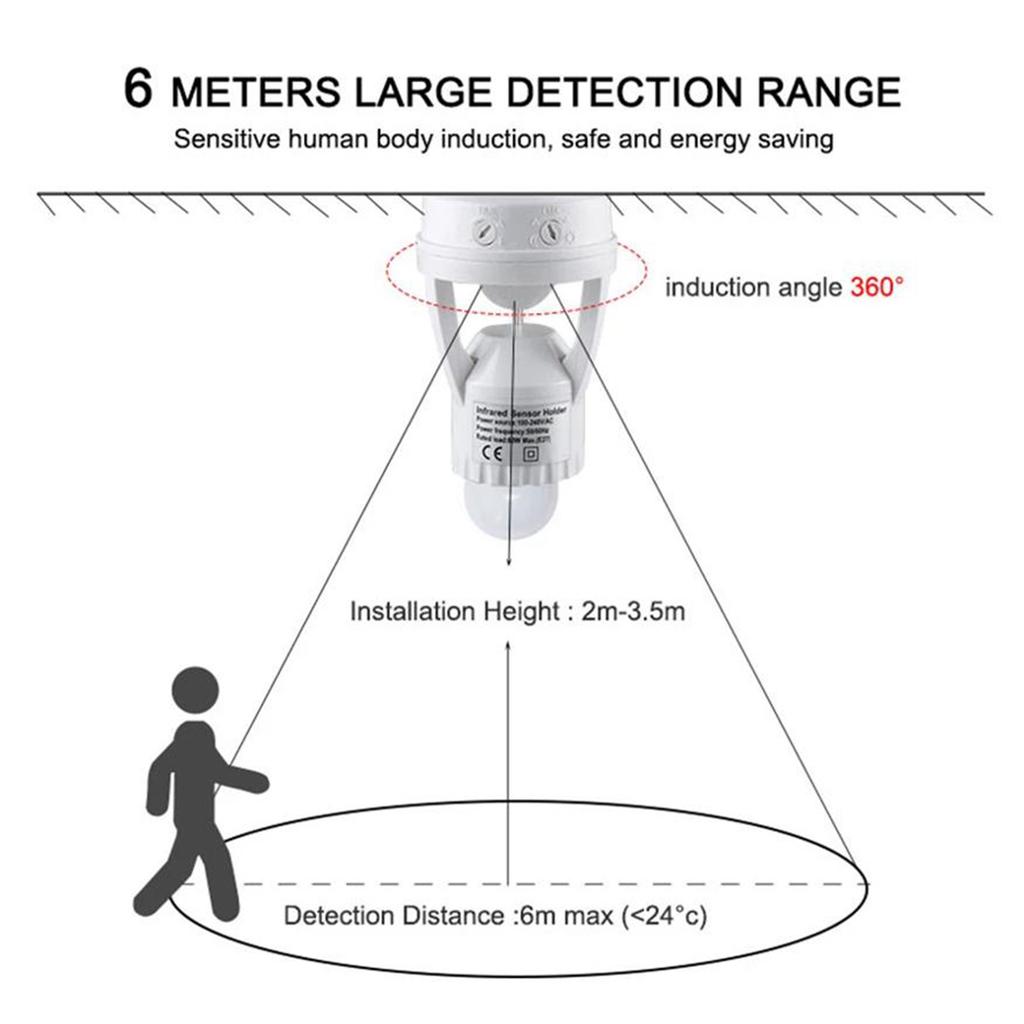 Патрон для лампы с датчиком движения человека с углом обзора 360 градусов, основание патрона, AC85-265V, переключатель времени задержки, патрон E27, адаптер патрона