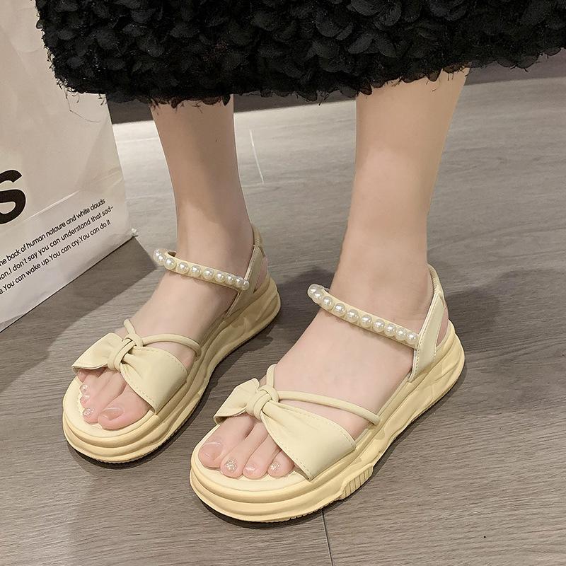 Sandals Female 2024 New Summer Bow Fairy Wind Platform Pearl Word with Fashion Open-toed Roman Women's Shoes