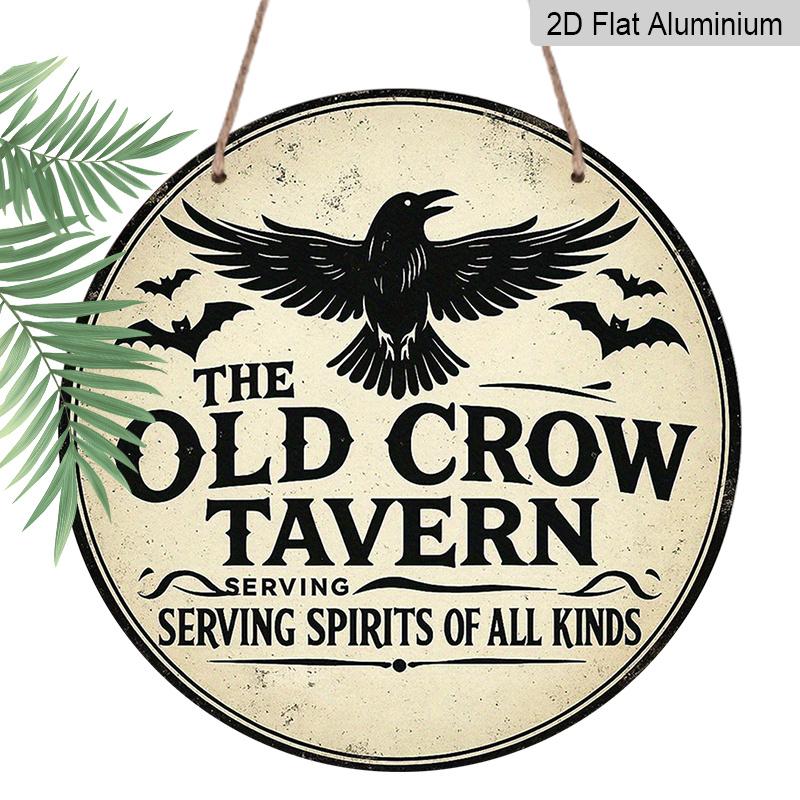 2D Flat - A Vintage French 'Old Crow Tavern' Round Aluminum Wall Decor, Vintage Gothic Crow & Bat Design, Suitable for Indoor/Outdoor Use, Perfect