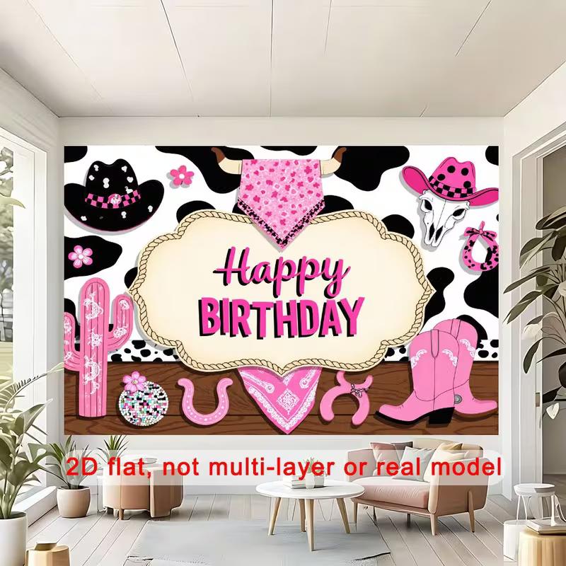 2D Girl Western Party Photo Booth Backdrop with Cow Print and Boots