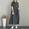 Модное элегантное летнее платье с коротким рукавом, женское хлопковое и льняное свободное платье больших размеров, повседневное простое платье с карманами и лацканами, женская одежда 1039