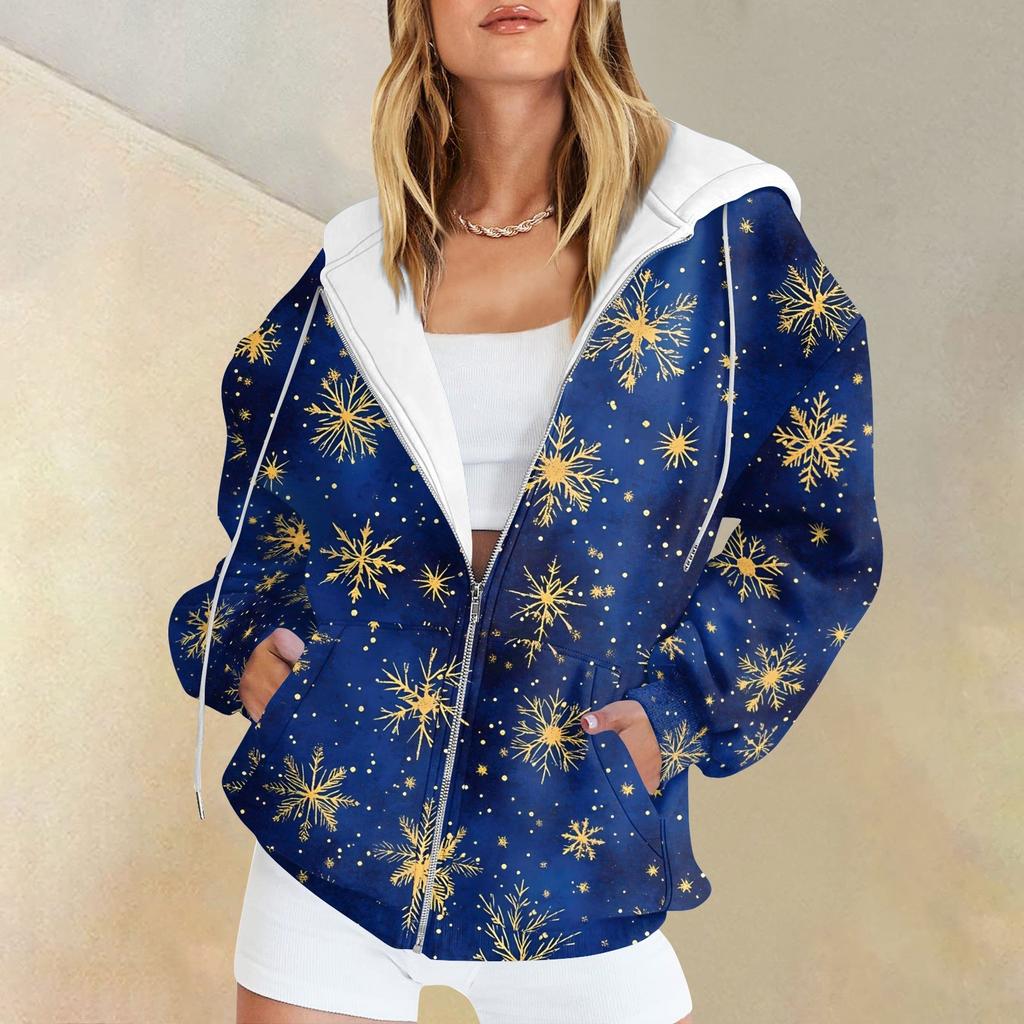 Женская мода повседневная рождественская принтовая толстовка осень-зима с длинным рукавом кардиган куртка с карманом на молнии толстовка с капюшоном куртка