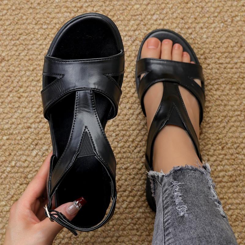 Genuine Leather Sandals Women's Shoes 2024 Summer Open Toe Mid Heel Retro Roman Sandals Women's Shoes High Heels