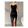 Women's Strappy Long Slit Evening Dress Velvet Dress Black