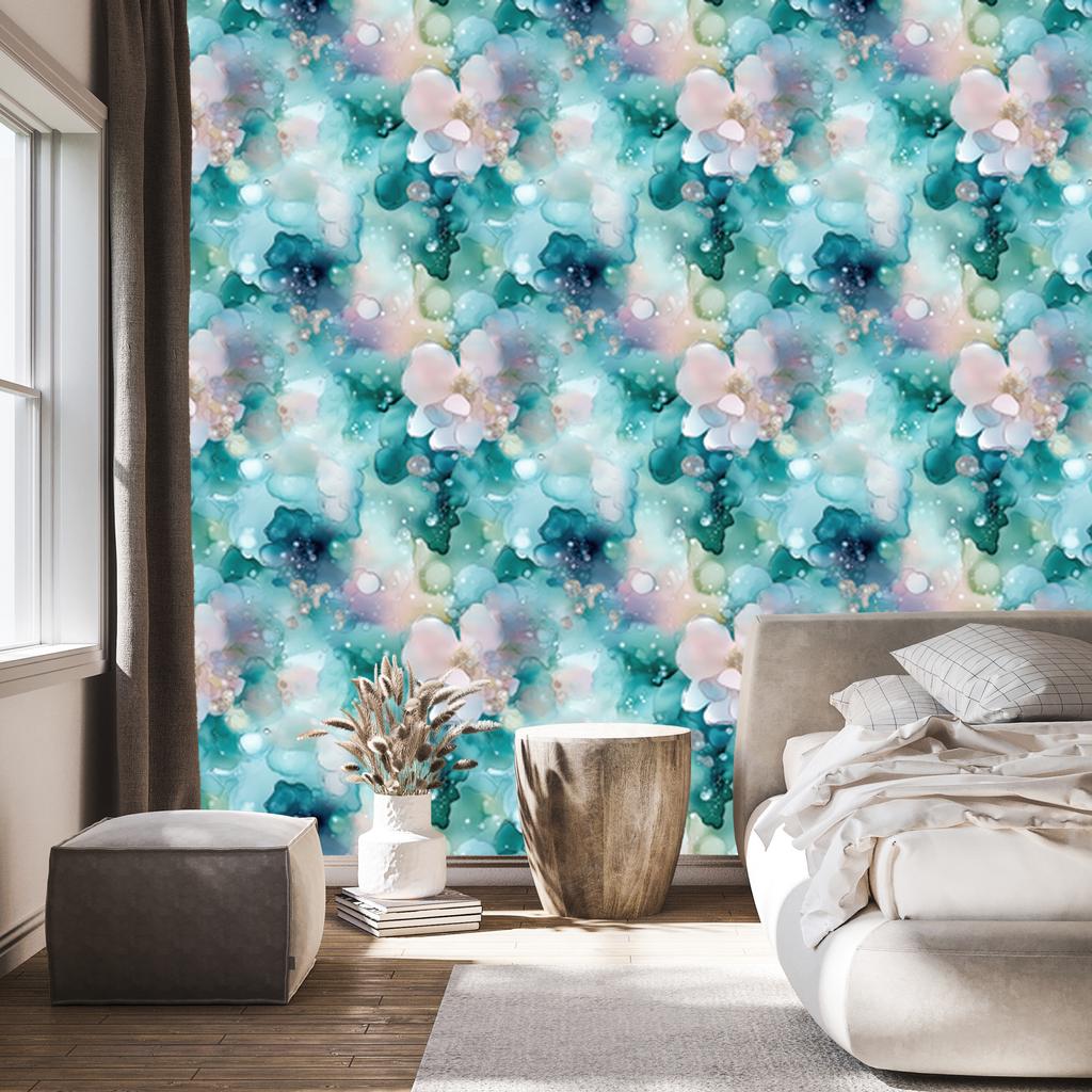 Ink Wallpaper Turquoise, Light Gray, Celadon and Blue 50x1000