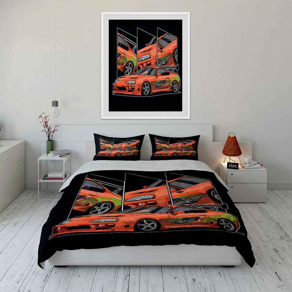 Orange Modified Sports Car Pattern Duvet Cover Set Digital Print Colorful Polyester Bedding with Zipper Closur for kids gifts