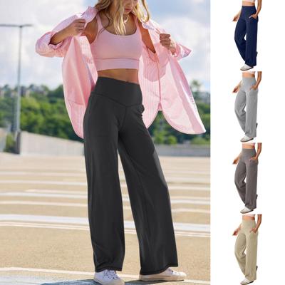 Женские штаны для йоги, однотонные, с высокой талией, широкие спортивные штаны с карманами, утягивающие живот, прямые брюки для платья