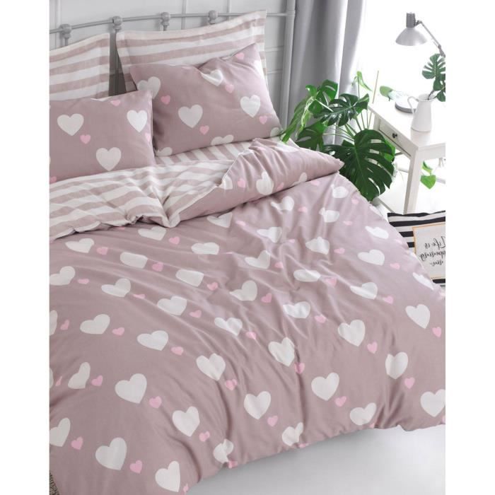 Parure de lit - 1 housse de couette 220 x 240 cm + 2 taies d'oreiller 60 x 60 cm - 65% coton, 35% polyester - Rose