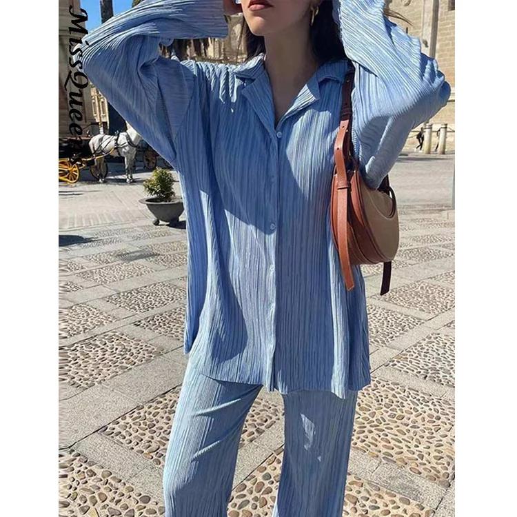 Женский элегантный плиссированный комплект из двух предметов, свободные блузки с длинными рукавами и широкие брюки с высокой талией, костюм, женская повседневная одежда