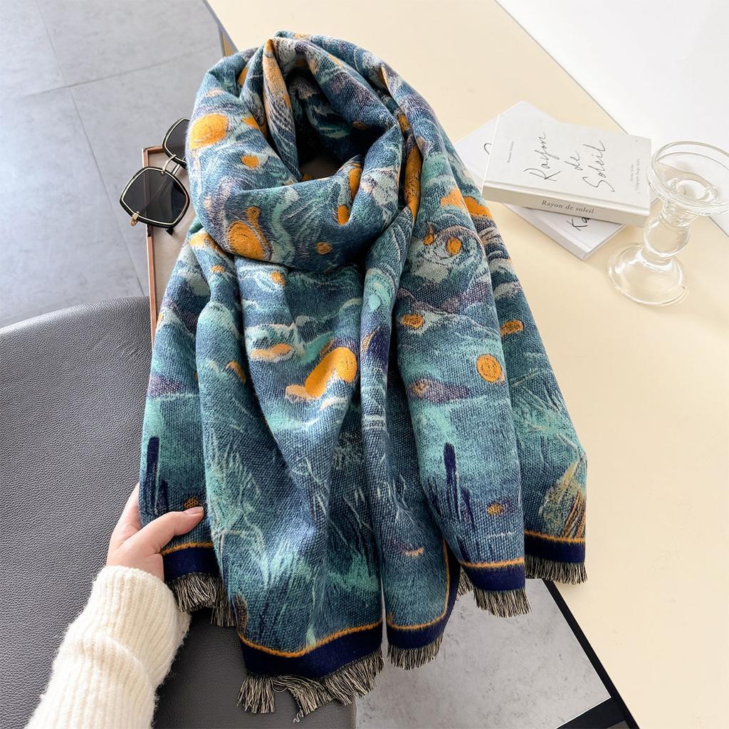 Color Vintage Print Thick Imitation Cashmere Scarf Women Men Winter Warm Scarves Travel Shawl Bufanda Echarpe Blanket Wraps