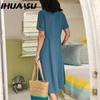 IHUASU Женская мода лето весна однотонный принт V-образный вырез высокая талия повседневные платья