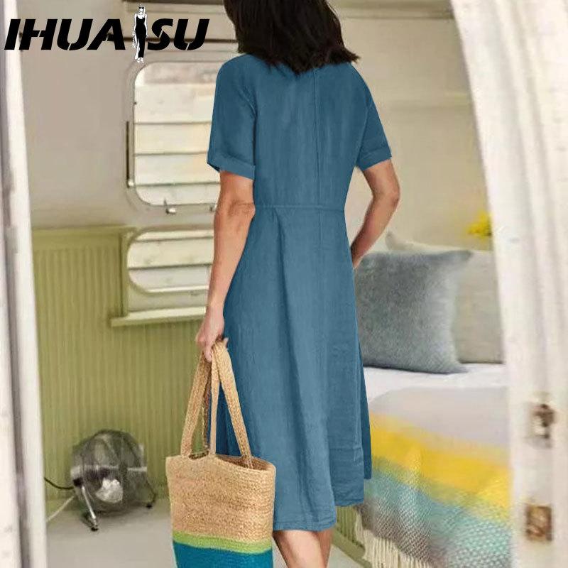 IHUASU Женская мода лето весна однотонный принт V-образный вырез высокая талия повседневные платья