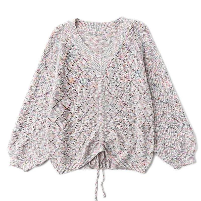 Весенне-осенние женские топы на кулиске, новые базовые рубашки, тонкие свободные корейские свитера больших размеров, V-образный вырез