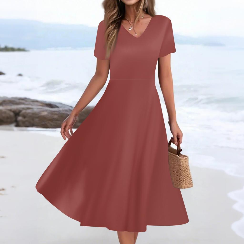 Женское летнее повседневное модное платье с принтом и карманом, коротким рукавом и V-образным вырезом