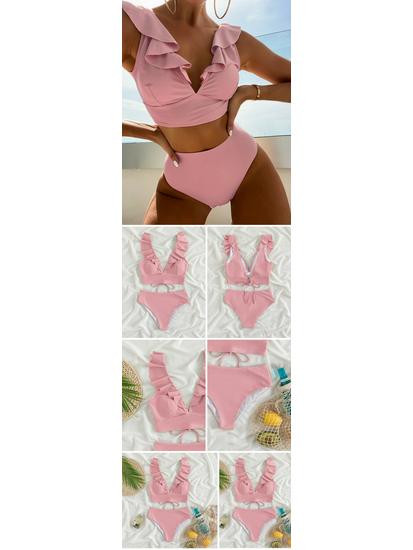 Разноцветное бикини с оборками, V-образным вырезом и высокой талией - Женский европейский и американский пляжный купальник