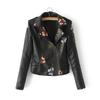 Women Retro Floral Print Embroidery Faux Soft Leather Jacket Coat Turndown Collar Pu Moto Biker Black Punk Outerwear