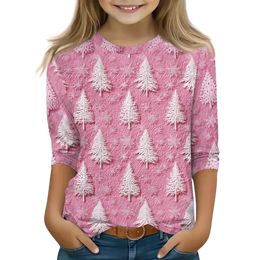 Детские топы с рукавом 3/4, повседневная футболка с рождественским принтом, пуловер с круглым вырезом