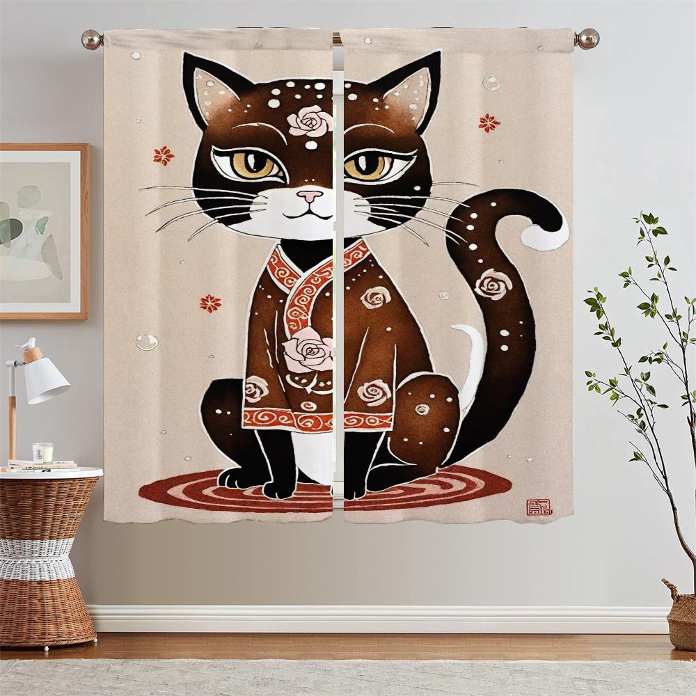 Shade Curtain for Living Room Cute Cat In Sand Painting Style Blinds Kitchen Curtains 2 Pieces Window Curtains Home Partition