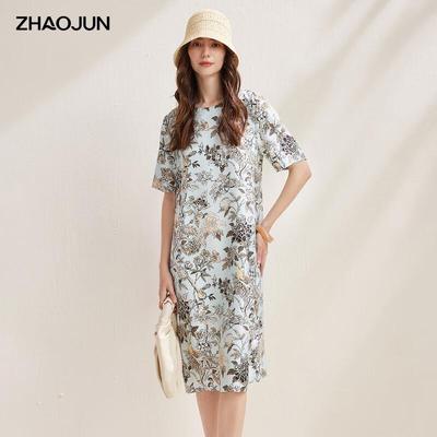 Женское платье Zhaojun 2026 S/S с принтом из шелкового твила с коротким рукавом