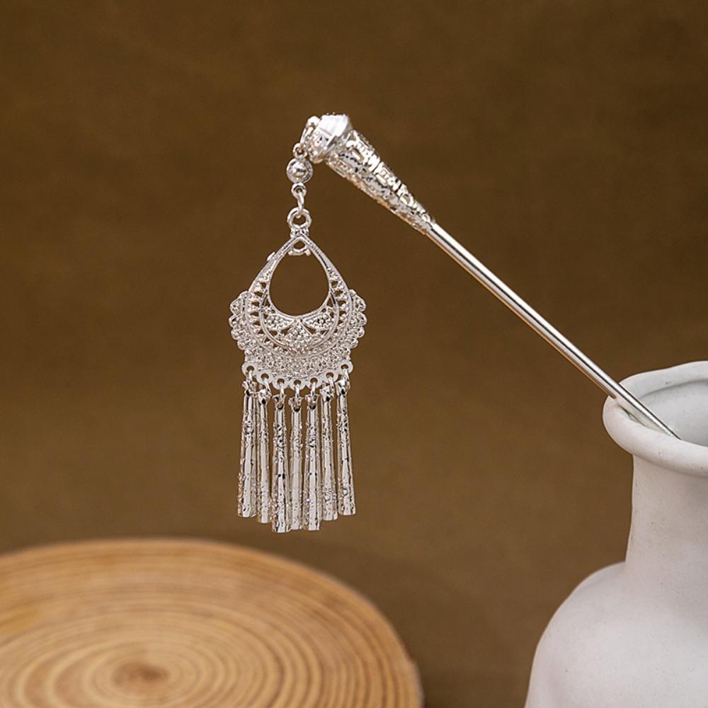 New Chinese Style Ethnic National Trend Hanfu Waterdrop Shaped Oil-Dripped Geometric Hollow Tassel Hairpin