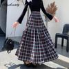 Autumn Winter Women Maxi Long Velvet Skirt High Waist Navy Blue Brown Plaid Skirt Vintage Elegant Ruffles Feminine Skirts Womens