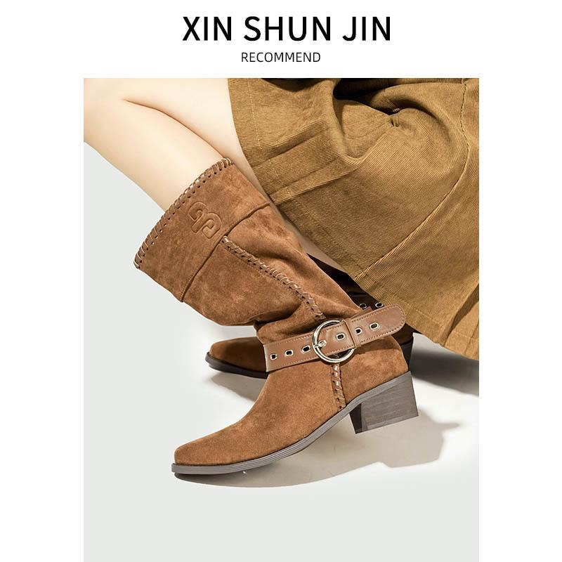Pile Boots Women'S Summer Western Cowboy Boots Retro Medium Tube Knight Boots Suede Pointed Short Boots