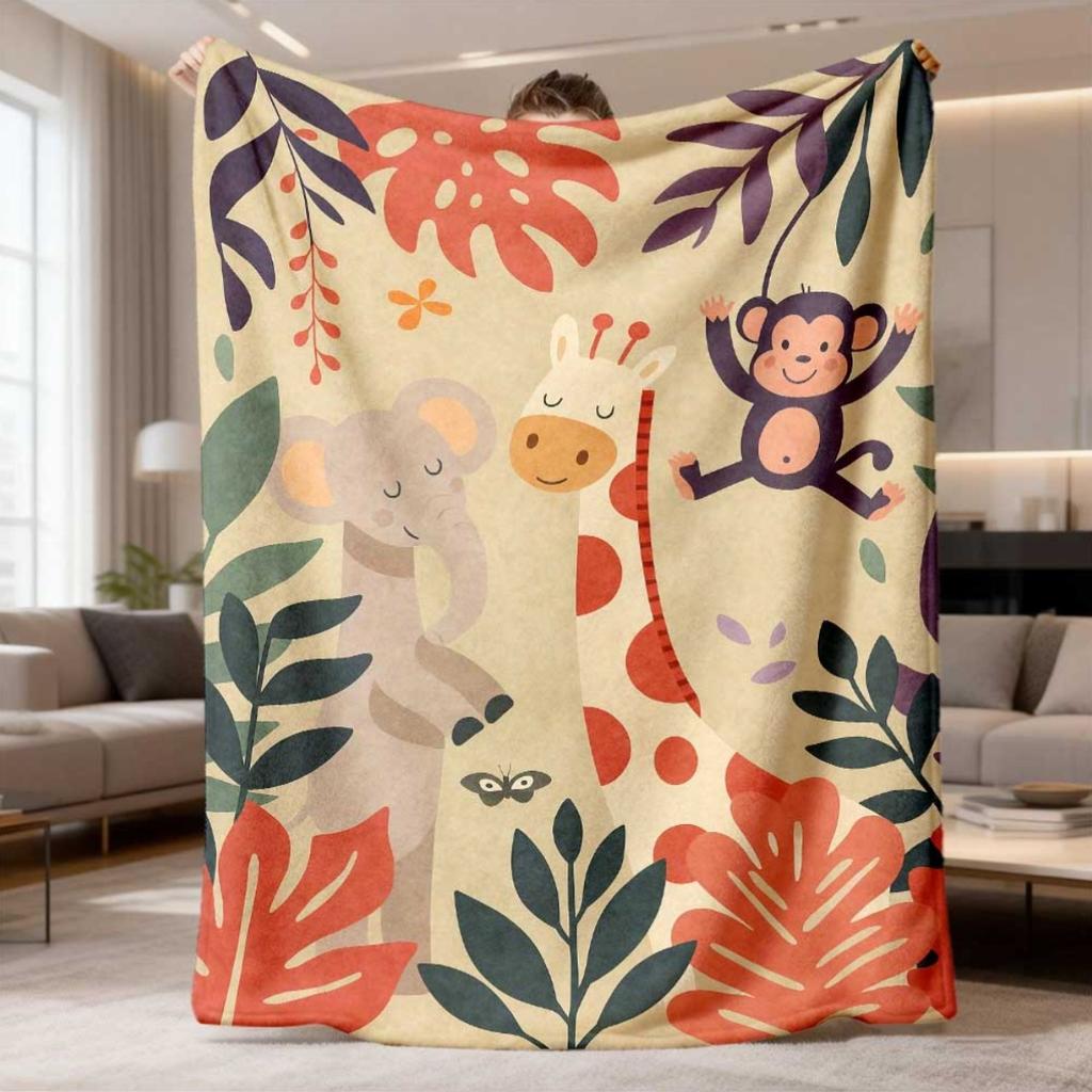 Adorable Animal Print Flannel Blanket | Suitable for Sofa, Bed, Office, Travel, and Camping, Durable All-Season Warmth, Ultra Soft, Polyester, Digital