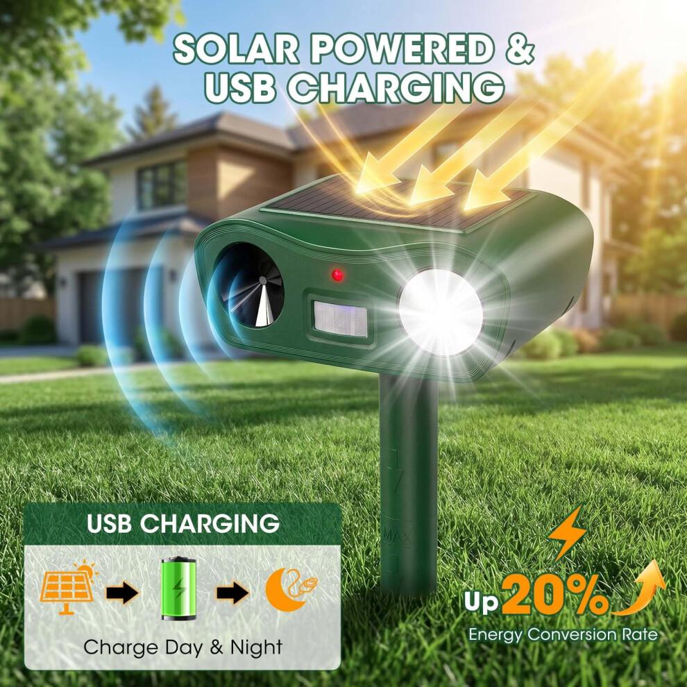 Solar Ultrasonic Animal Repellent Outdoor, Waterproof Cat Repellent for Gardens UK with Motion Sensor & Flash Light, USB Charging, Keep Cat Dog Fox S