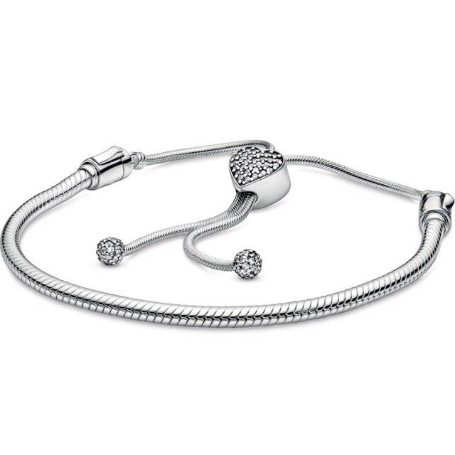 Pave Heart Star String Of Beads Sliding Clasp Adjust Wrist Bracelet Fit Sterling Tone Bangle Bead Charm Diy JewelryFashion Bracelets