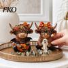 Fine Carving Wood Art 2PCS Highland Cow Ornament, Wooden Rustic Style Figurine, Thanksgiving Home Decoration Theme Art, for Entrance Living Room Decor