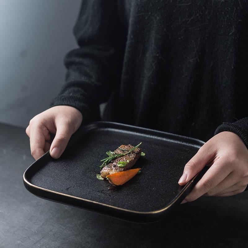 Japanese Black Frosted Steak Plate, High-Value Creative Square Plate, Restaurant Western Pasta Plate, Commercial Ceramic Dish Plate