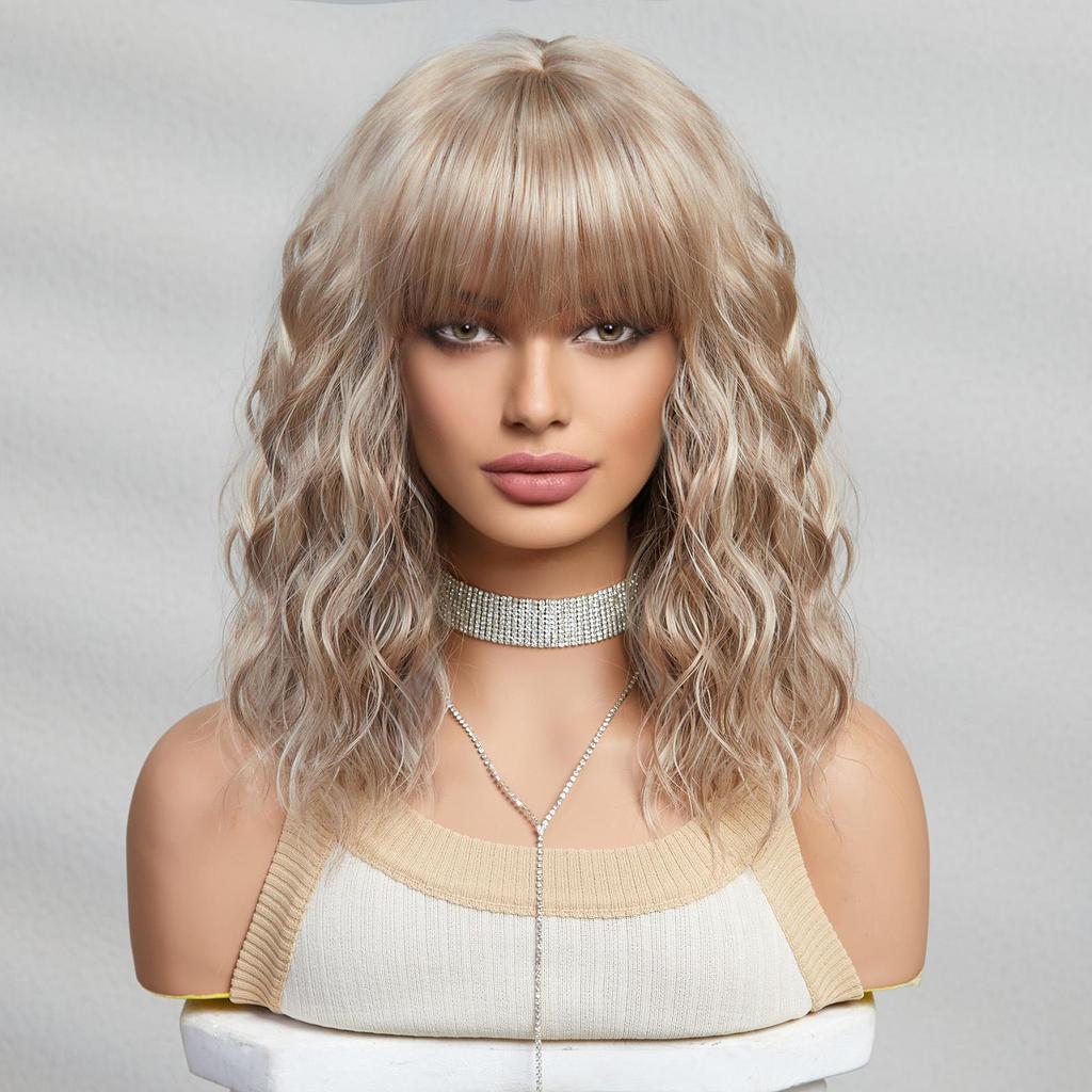 ALAN EATON Short BOB Synthetic WIGS Light Blonde Curly Wig with Bangs for Women Cosplay Daily Party Heat Resistant Fiber Wig