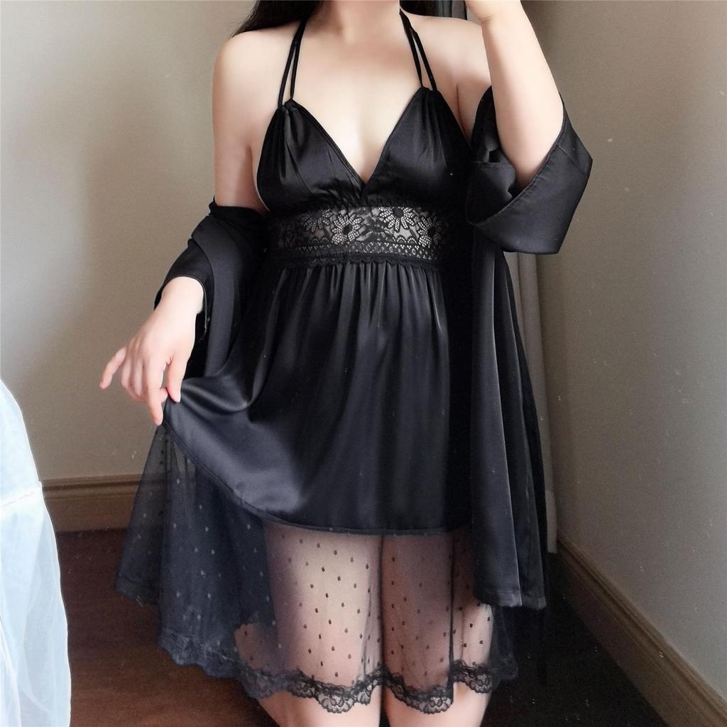 Plus Size Light Luxury Lace Ice Silk Two-Piece Pajama Set with Chest Pads