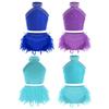 Girls Halter Neck Sleeveless Backless Cross Back Sparkly Rhinestones Dance Vest with Feather Briefs