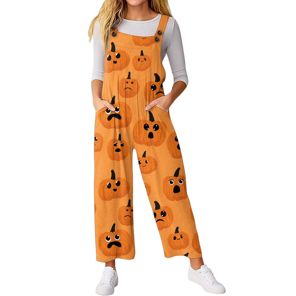 Women’s Loose Casual Sleeveless Jumpsuit Halloween Printed Jumpsuit Printed Jumpsuit