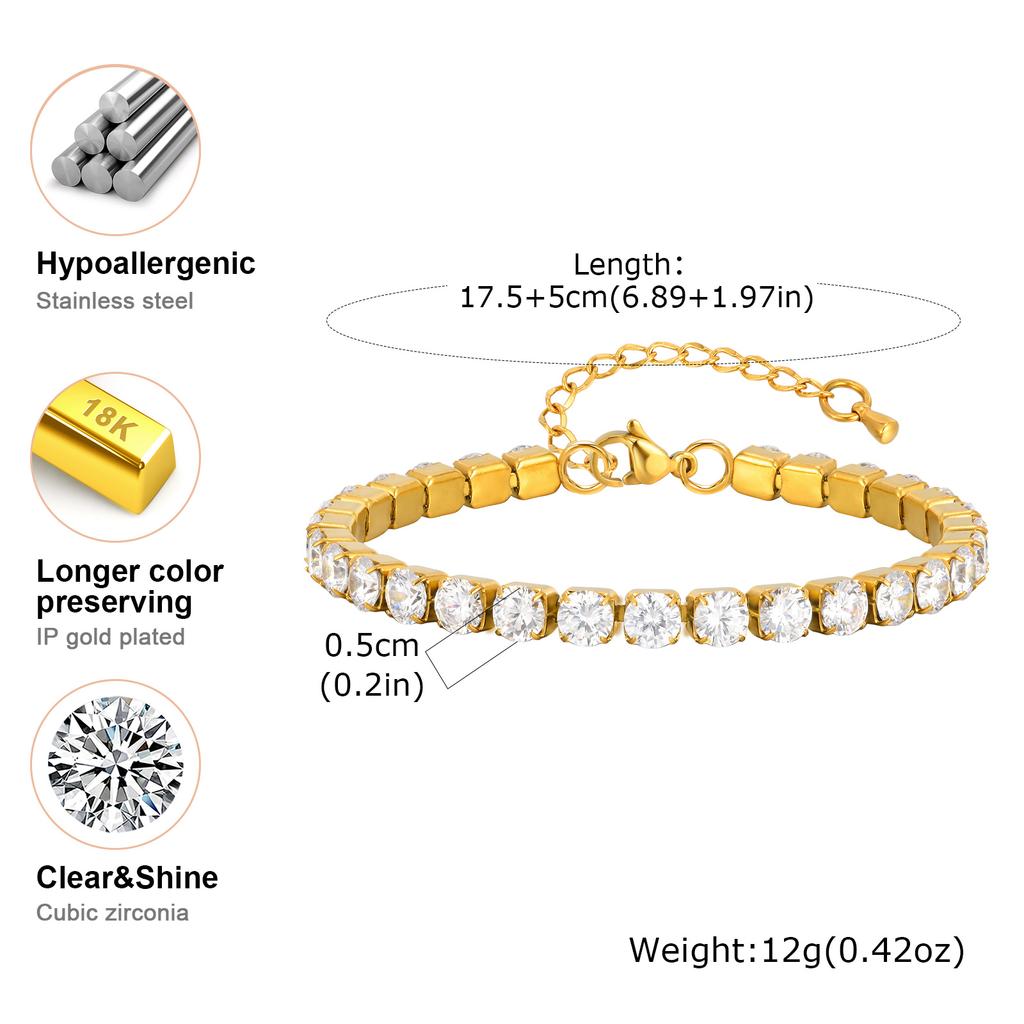 Classic AAA Zircon Tennis Bracelet for Women, Stainless Steel Oval Beads Chain Bracelets, Waterproof Fashion Jewelry Daily Party