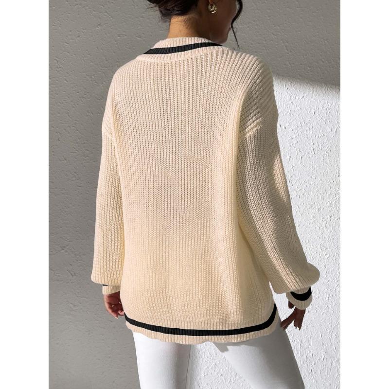 Autumn and Winter Women's Color Contrast Stitching V-neck Long Sleeve Beaded Casual Sweater
