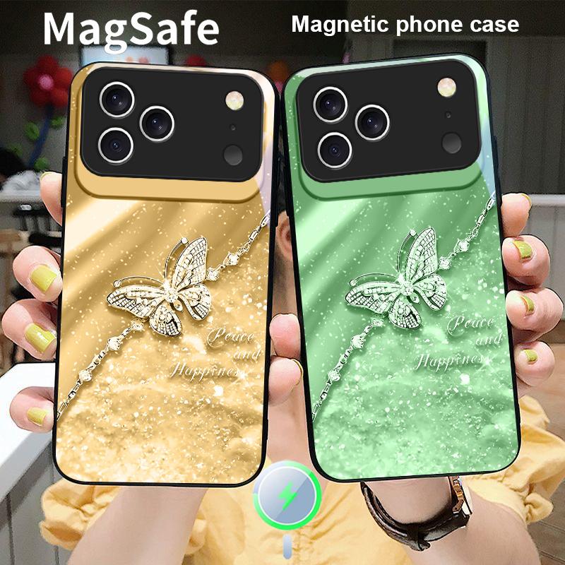 Элегантная синяя бабочка Для iPhone 17 Pro Max 16 E 15 14 13 Plus 12 mini 11 17 Air XR Xs Max 7 Plus Magsafe Стеклянный Чехол для Телефона