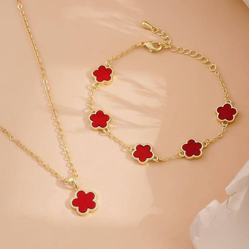 Five Petal Five Leaf Clover Necklace Bracelet Set For Women Fashion Jewelry
