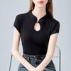Chinese Short-sleeved T-shirt for Women's New Chinese Style Women's Retro Buttoned Hollow T-shirt Waist-receiving Water Drop Collar Top