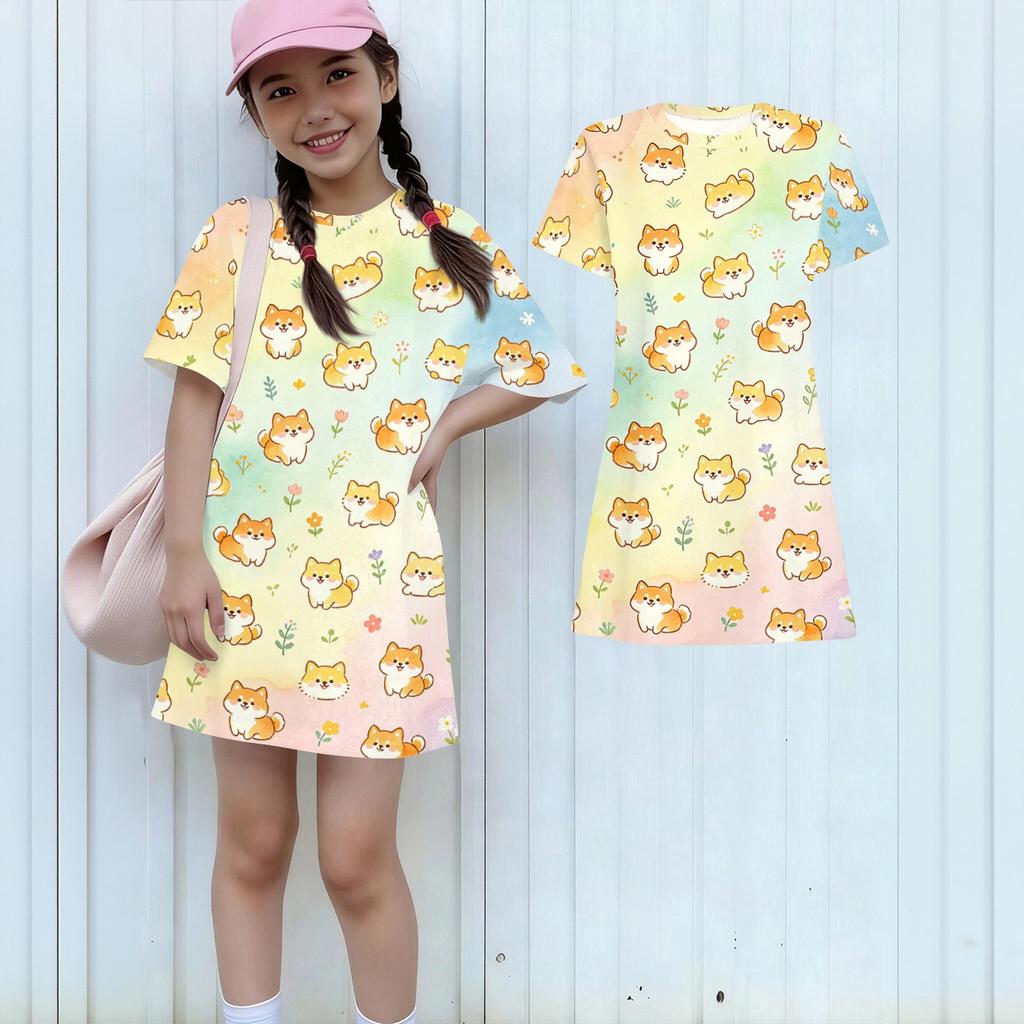 Girls Loose Fit Short Sleeve Dress Lightweight Summer Dress with Animal Print Round Neck Casual Kids Dress for Daily Wear