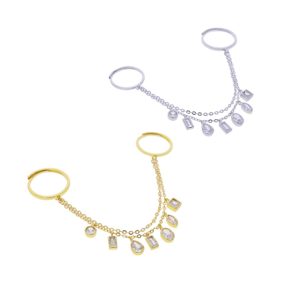 Geometric Round Square Oval Bezel CZ Chain Tassel Chain Double Finger Ring Gold Plated Fashion Women Finger Jewelry