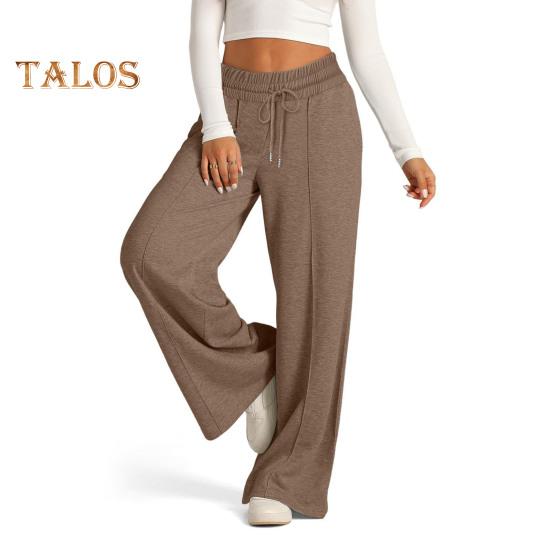 Женские повседневные брюки с эластичной резинкой и высокой талией, регулируемые на шнурке, прямые широкие брюки с карманами, однотонные длинные брюки