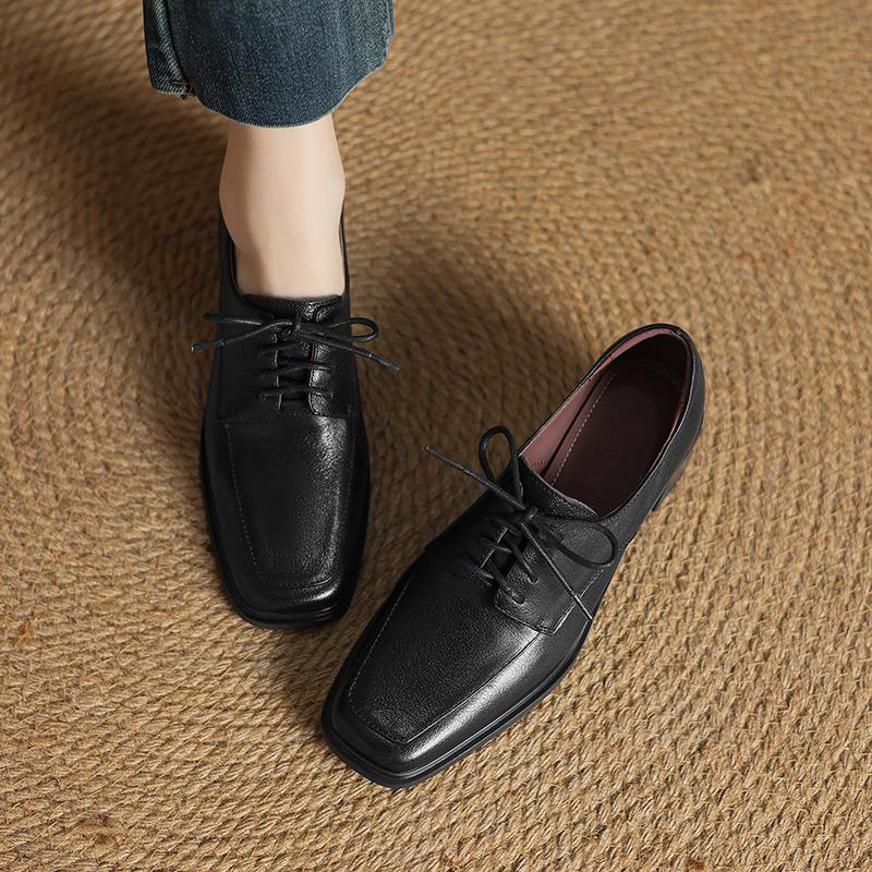 Krazing Pot Sheep Skin Spring Summer Size 42 Size 41 Chunky Heels Women Square Toe Lace Up Deep Mouth Pumps