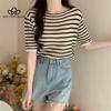 Новый летний вязаный топ в полоску с короткими рукавами, универсальная тонкая футболка, женская модная повседневная футболка