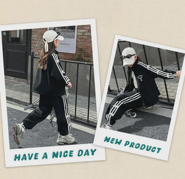 Полосатый кардиган спортивный костюм для девочек – длинный рукав, два предмета на осень