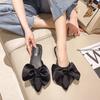 Fashion Oversize Bowtie Mule Shoes Women Fashion Pointed Toe Stripe Wave Slip-on Sandals Ladies Luxury Satin Silk Outdoor Flat Slippers